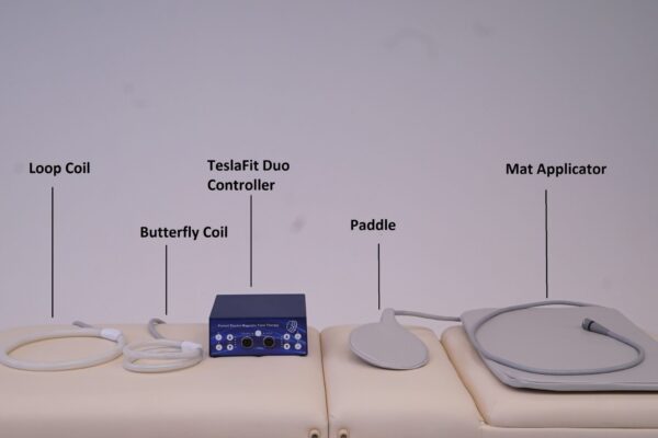 Loop Coil, Butterfly Coil, TeslaFit Duo Controller, Paddle, and Mat Applicator