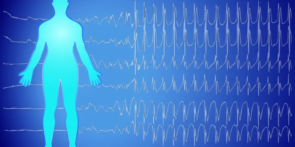 Drawing of body standing up with frequency waves running all next to it