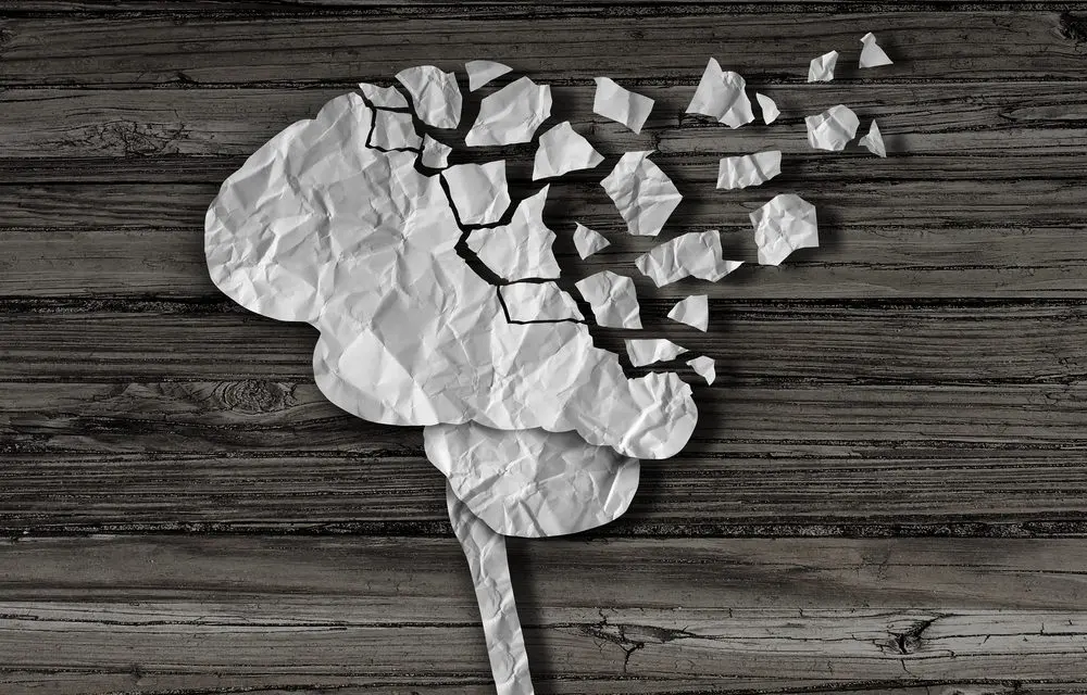 The human brain recreated with paper, and half of it being shred and torn off